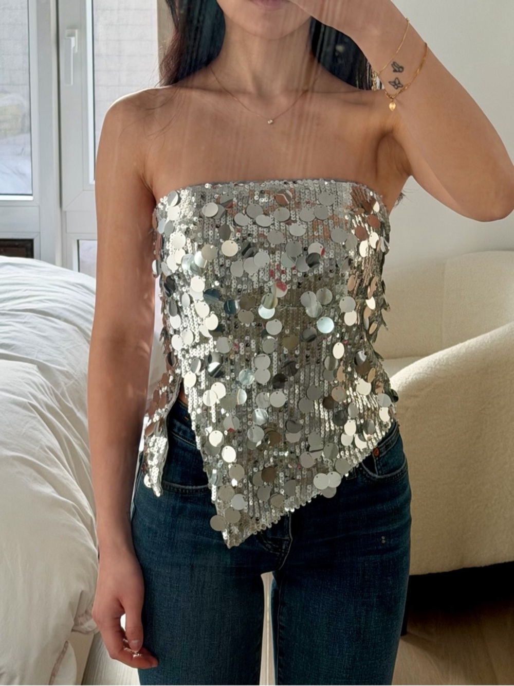 superdown Metallic Sequin Strapless Top